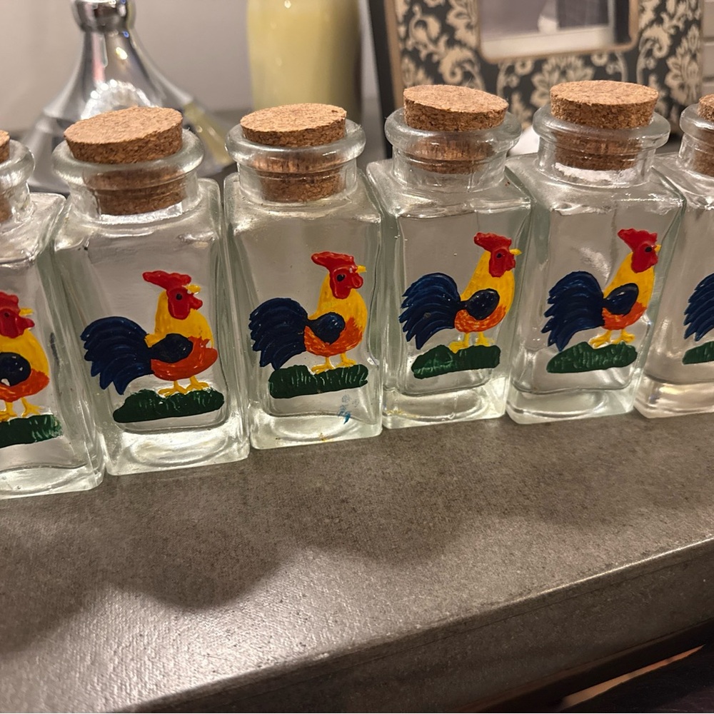 (6) Vintage painted Rooster Glass Spice Bottles with Cork Lids